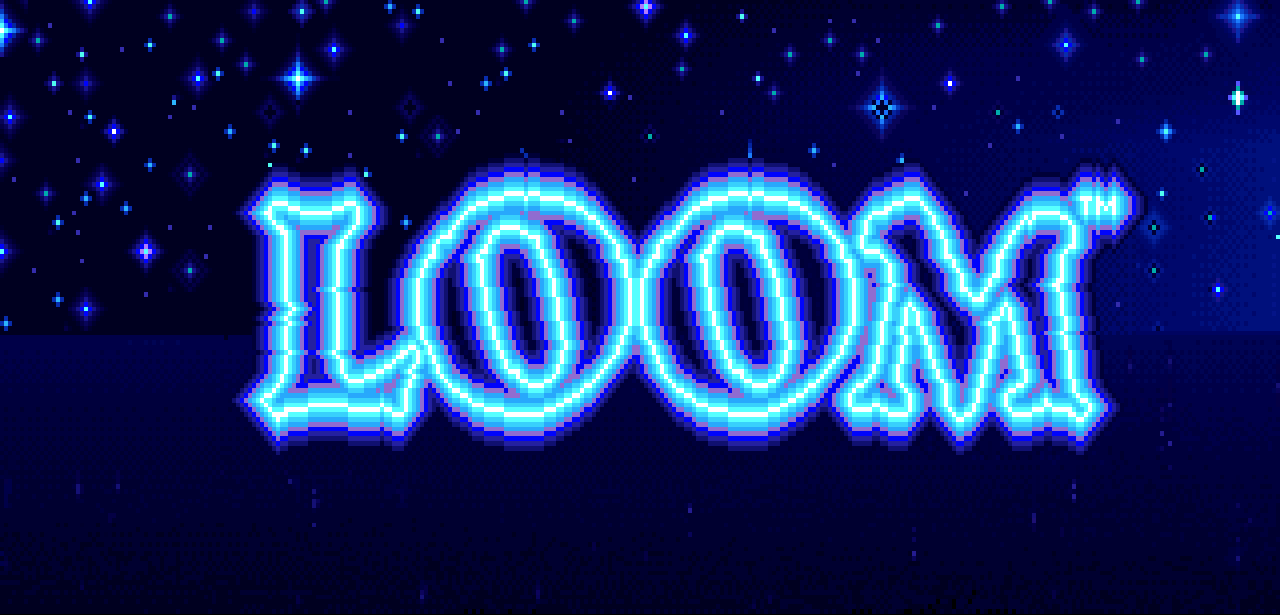 Escena de título de Loom. Unos cisnes atraviesan volando las letras.