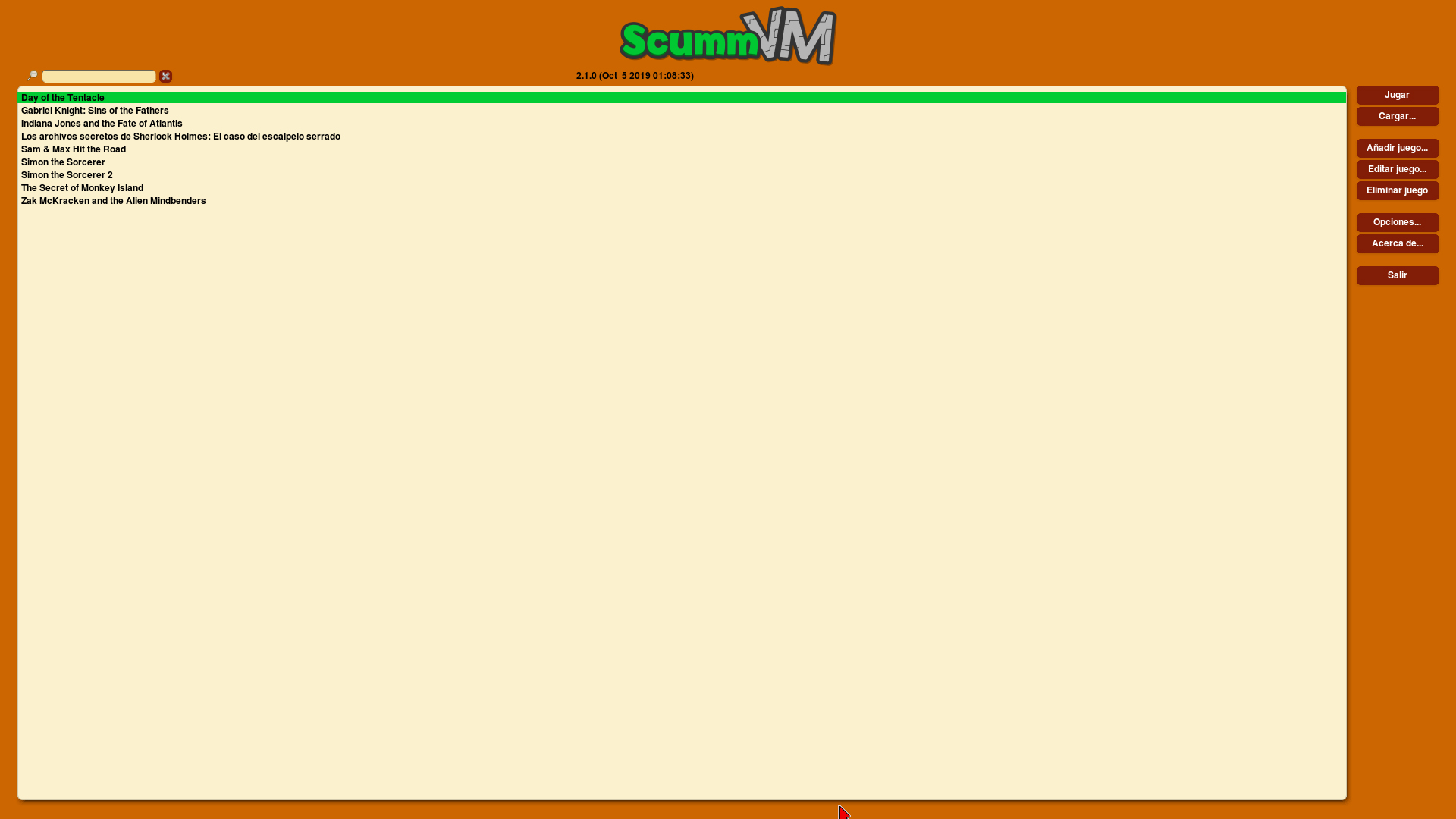 <p>Menú de ScummVM con algunos juegos listos para jugar.</p>