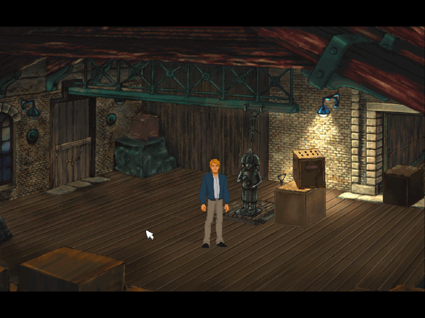 <p>George Stobbart intentando rescatar a Nico Collard.</p><p><i>Broken Sword II: The smoking mirror</i></p>
